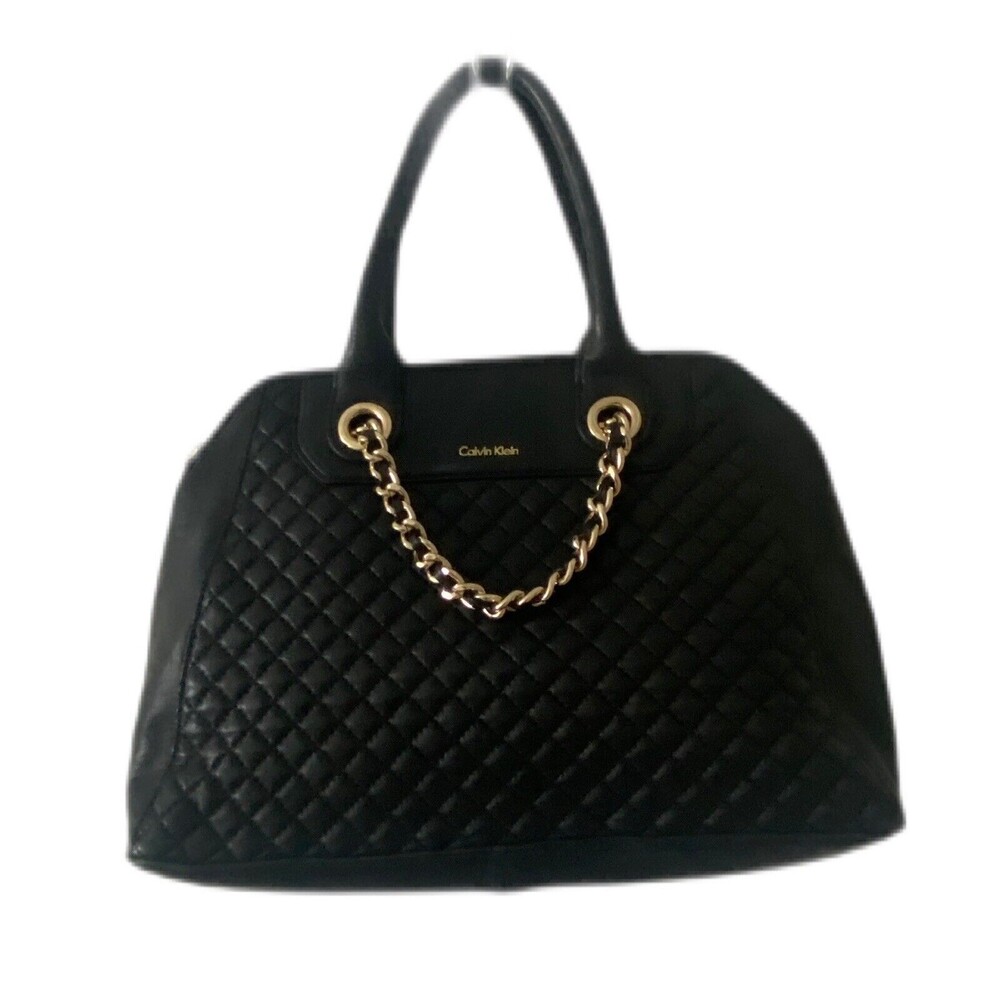 Calvin Klein Black Quilted Faux Leather Tote Handbag Gold Harware Pre Owned